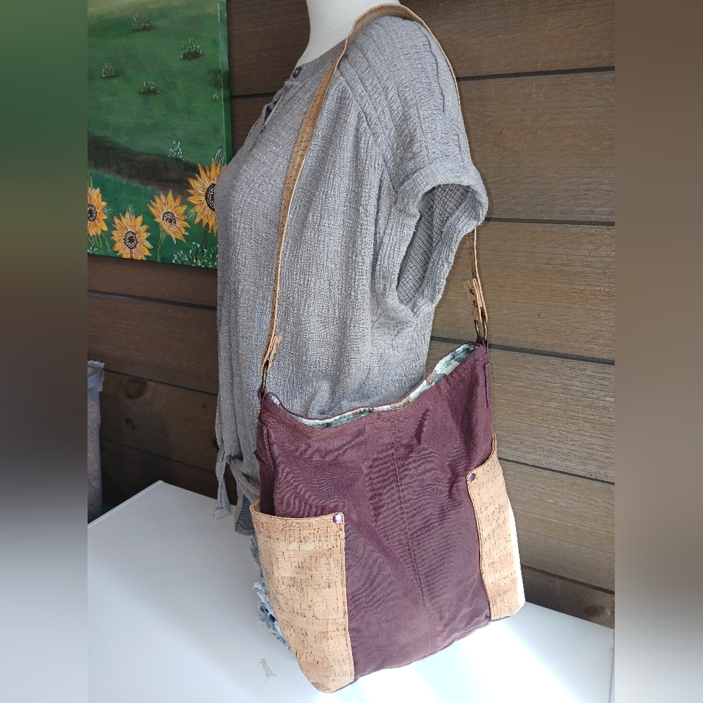 Plum Bucket Style Bag With Cork Pockets & Handle